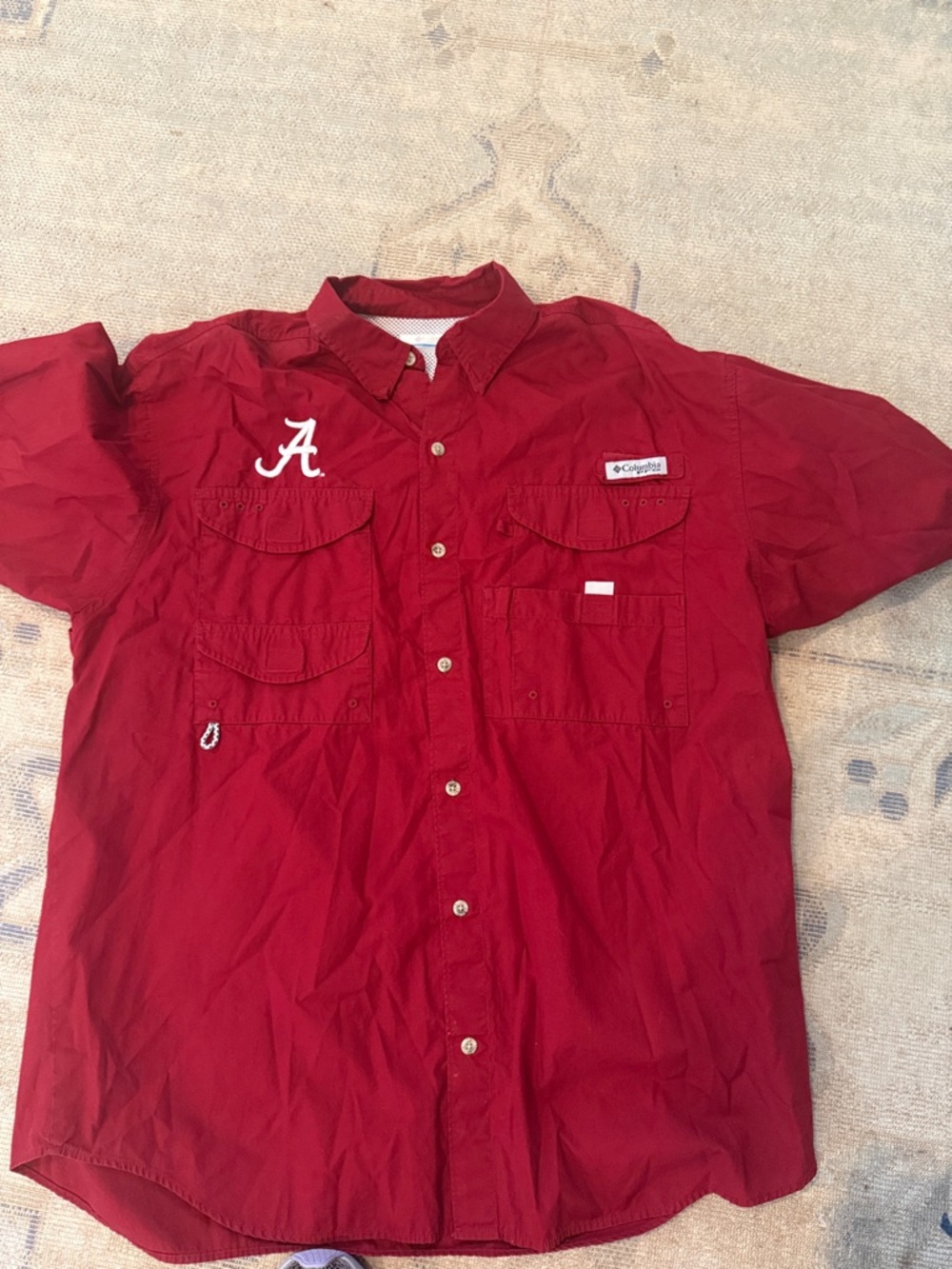 Columbia Red Short-Sleeve Button-Up Shirt with 'A' Embroidery